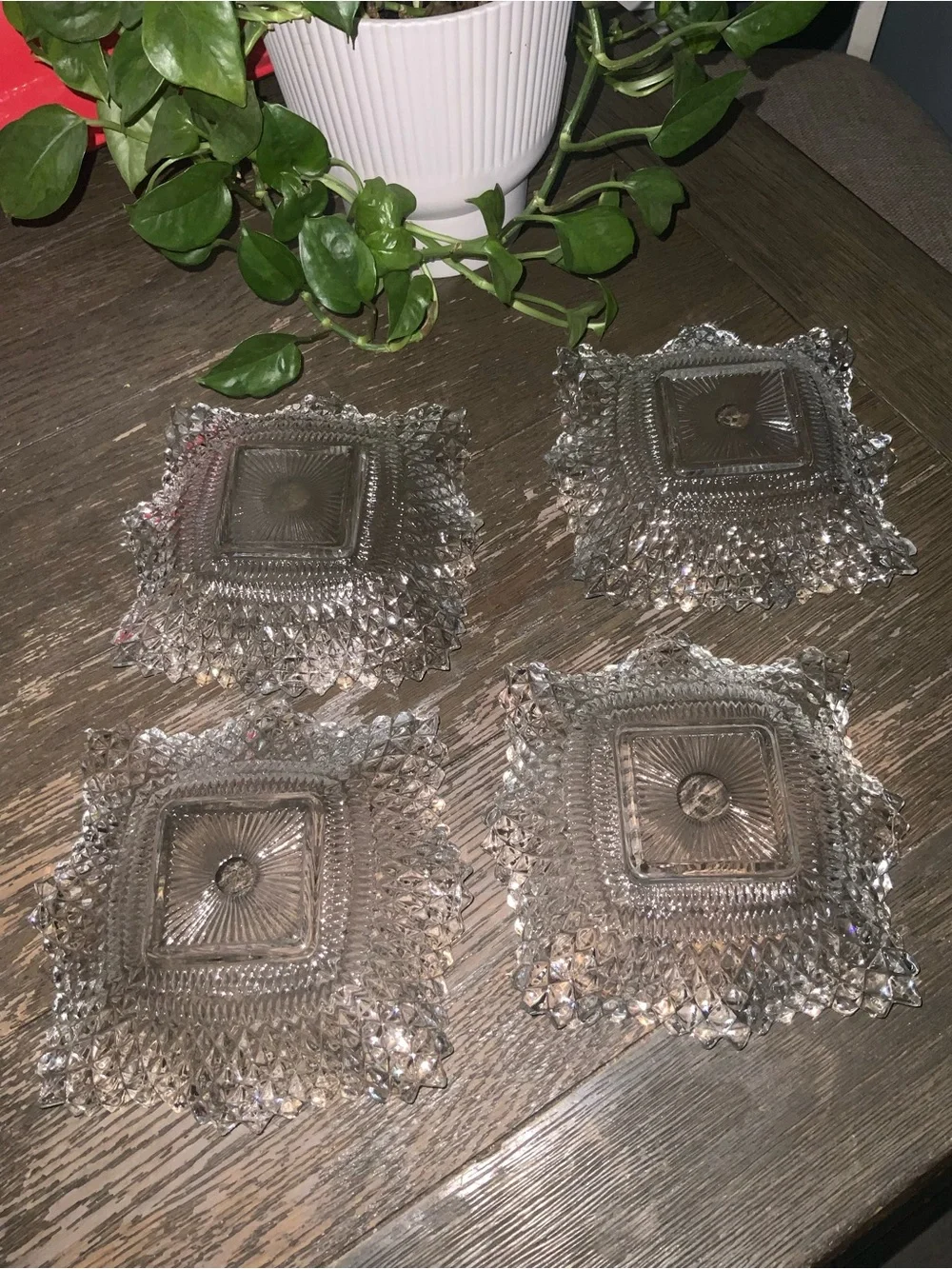 Vintage Indiana Glass Diamond Point Wavy Salad Dish - Set of 4 - 6.75”